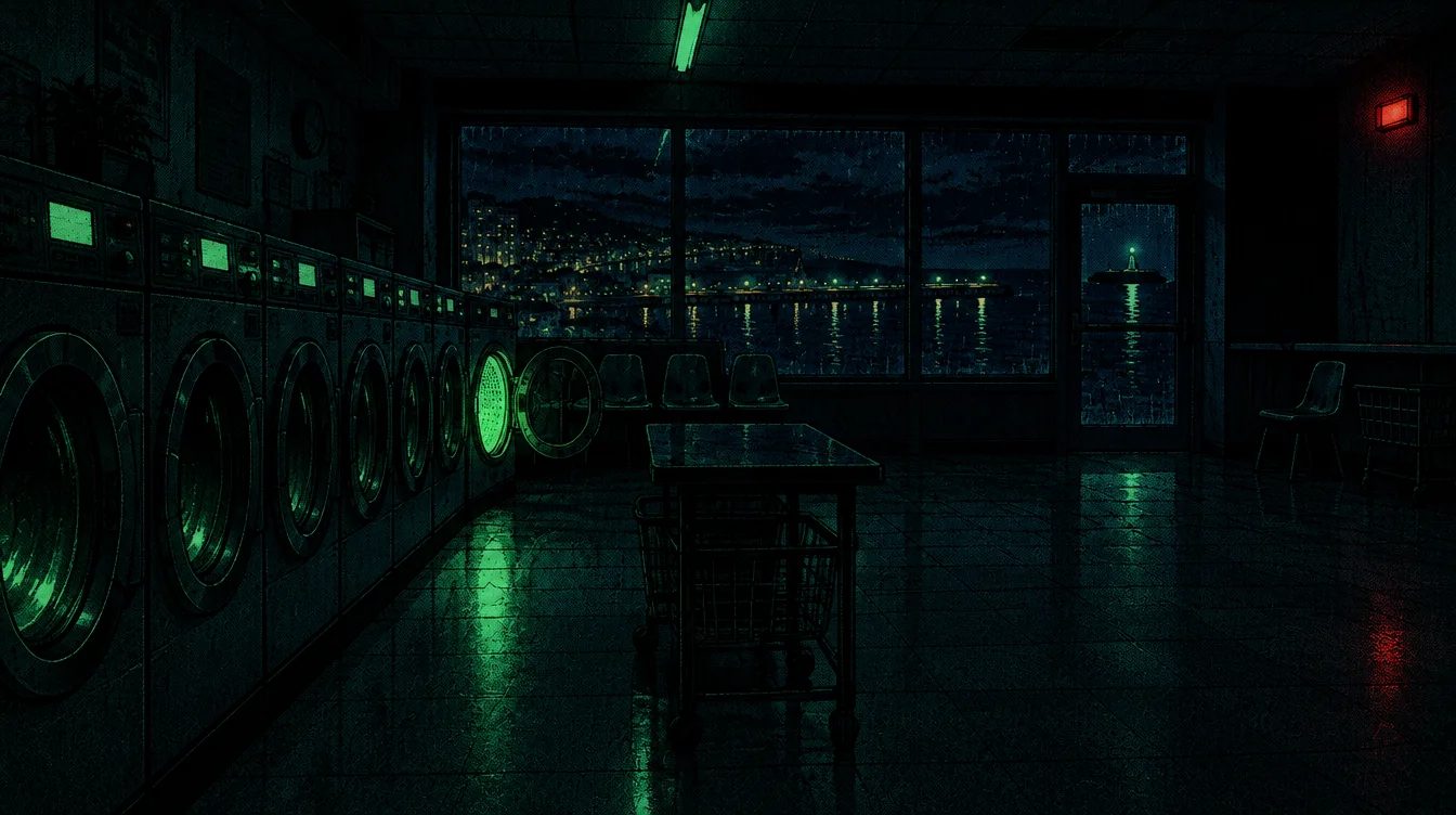 Laundromat Gull Street tengah malam, deretan mesin cuci, satu pintu mesin terbuka bercahaya hijau.